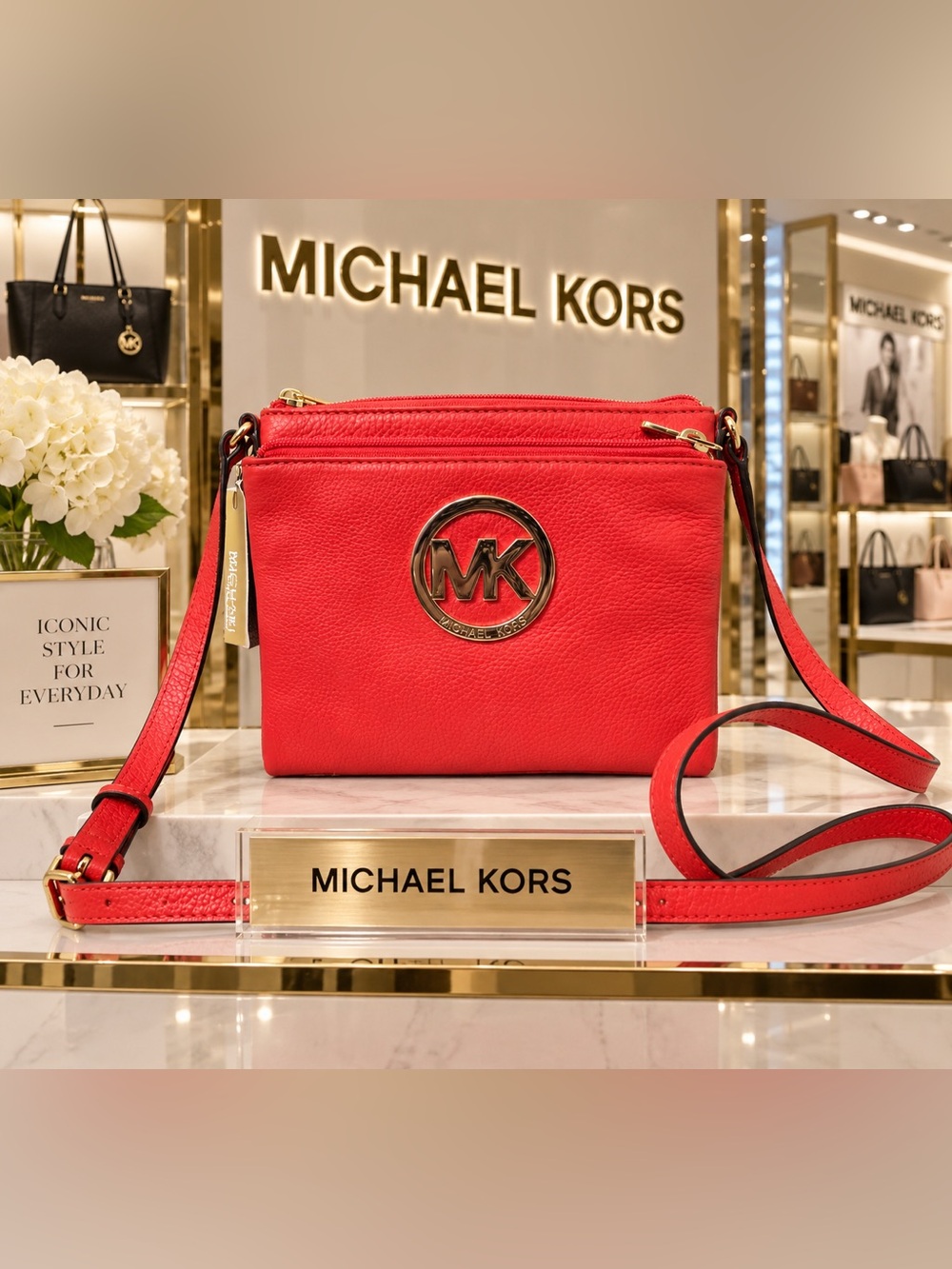 Michael Kors Red Leather MK Logo Crossbody
